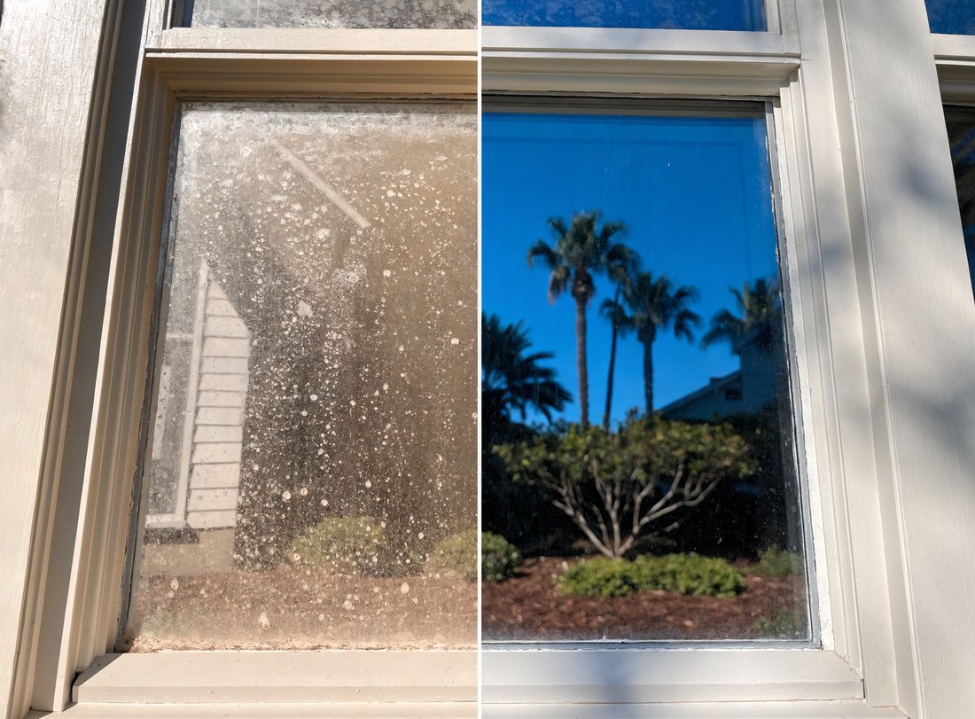 Before and after comparison of a window: dirty and spotted on the left, crystal-clear and streak-free on the right