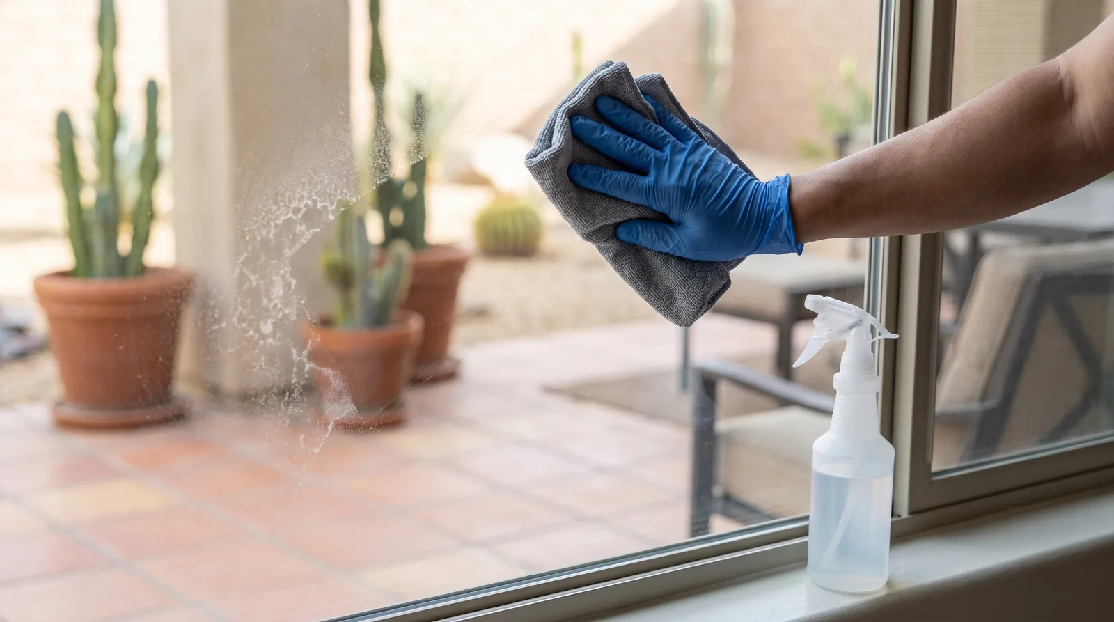Gloved hand wiping light hard-water mineral spots from a shaded residential window with a microfiber cloth