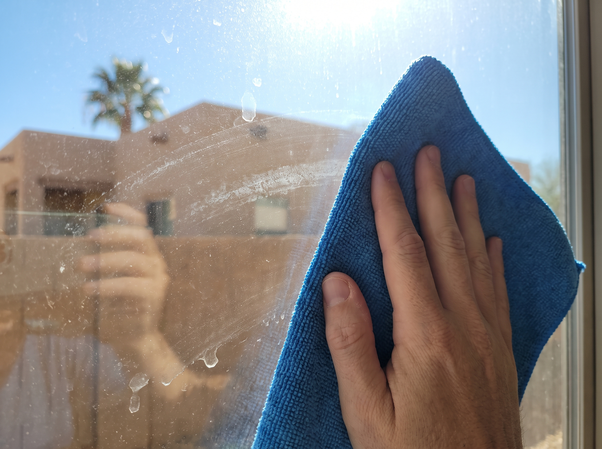 Close-up of a hand wiping a sun-baked window with a blue microfiber cloth, mineral spot trails visible on the hot glass