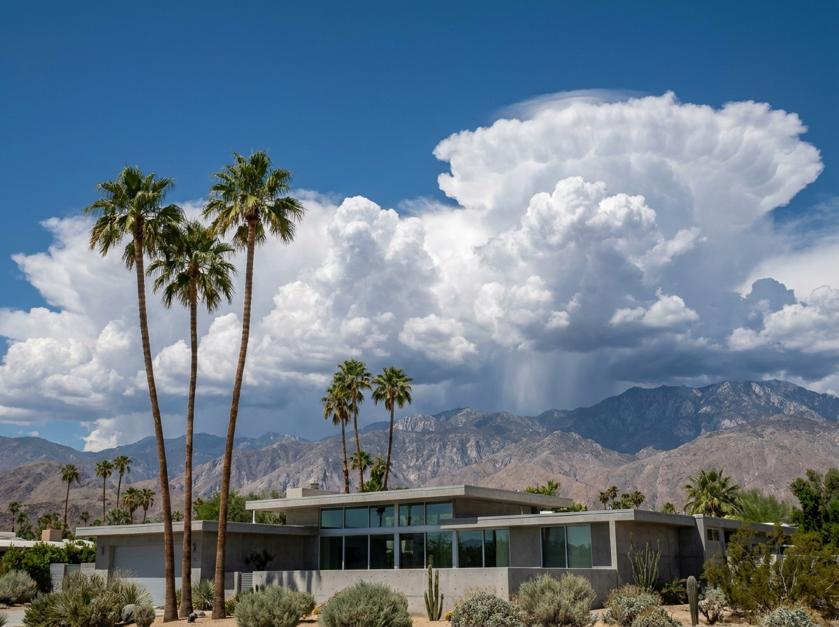 Clear desert home with a dramatic monsoon storm system building on the horizon over the mountains