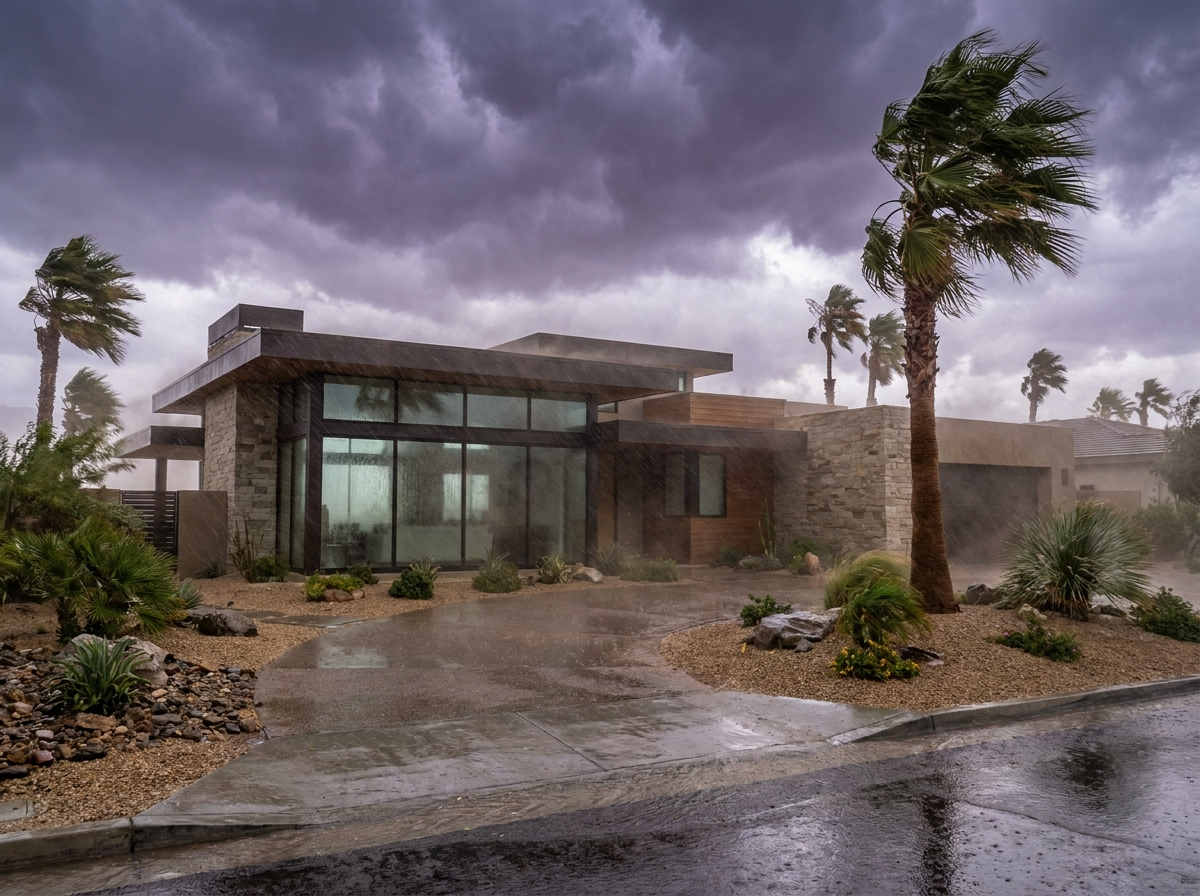 Heavy monsoon rain pouring down on a modern desert home with palm trees whipping in the wind