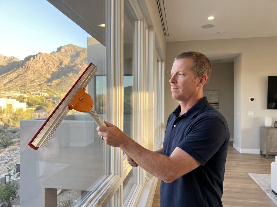 Professional window cleaning of a multi-pane window inside an upscale desert home