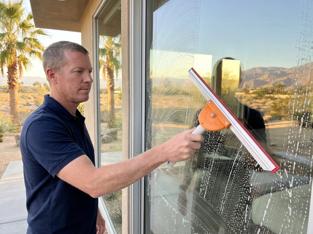 Five Star technician squeegeeing a large desert home window to a streak-free finish