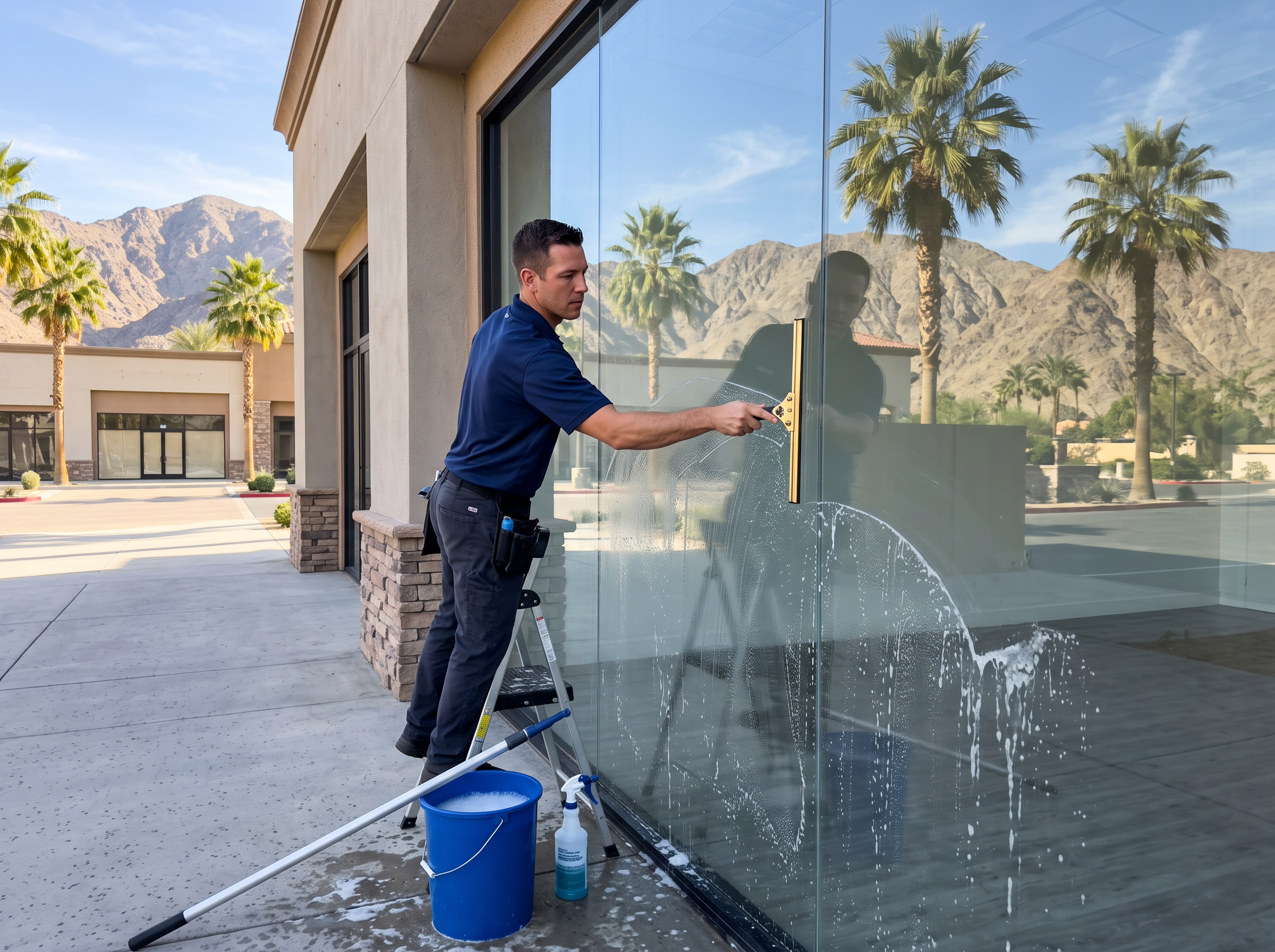 Technician squeegeeing a large storefront display window on a Coachella Valley retail strip with palm trees and mountains in the background